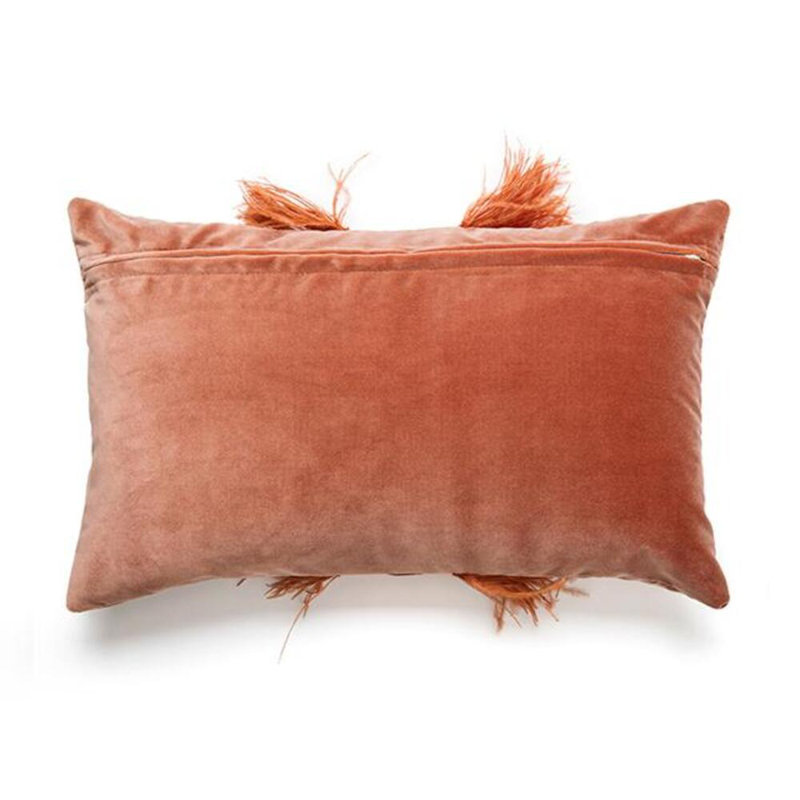 Velvet Lumbar Pillow w/ Feather Trim, Peach
