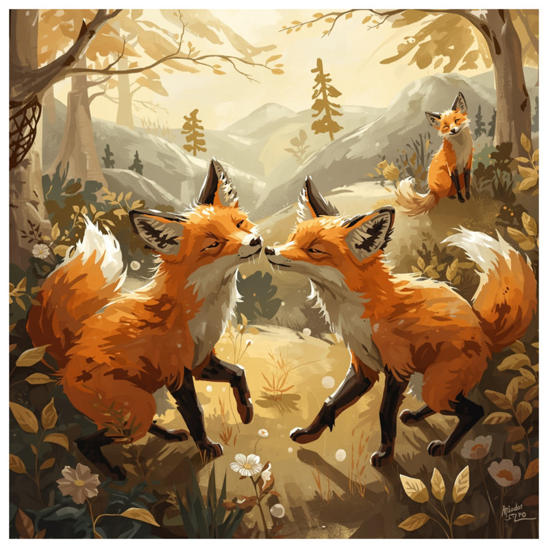 Foxes In Forest Scene, toile tendue en plusieurs tailles, 24 po x 36 po