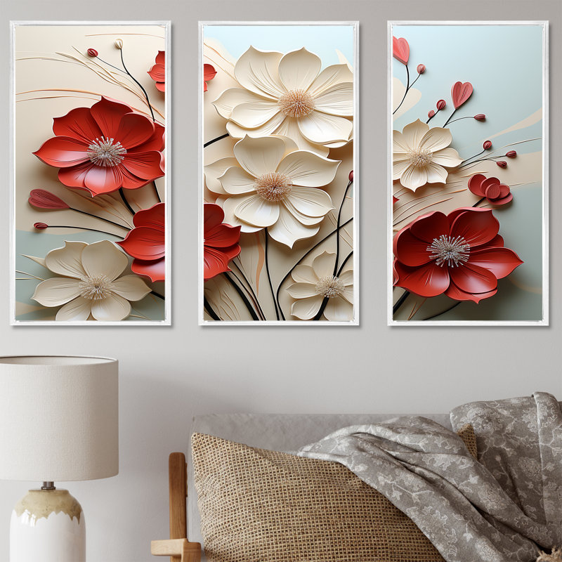 Gordan - Ensemble de décoration murale fleur, H 28 po x l 36 po x P 1 po, Cadre flottant blanc