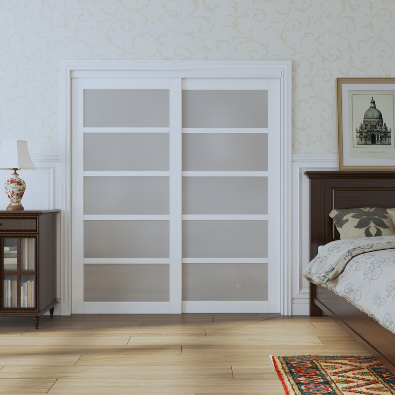 Porte coulissante en verre trempé blanc givré 5 Lite avec quincaillerie (aucun assemblage requis), 72 po x 80 po