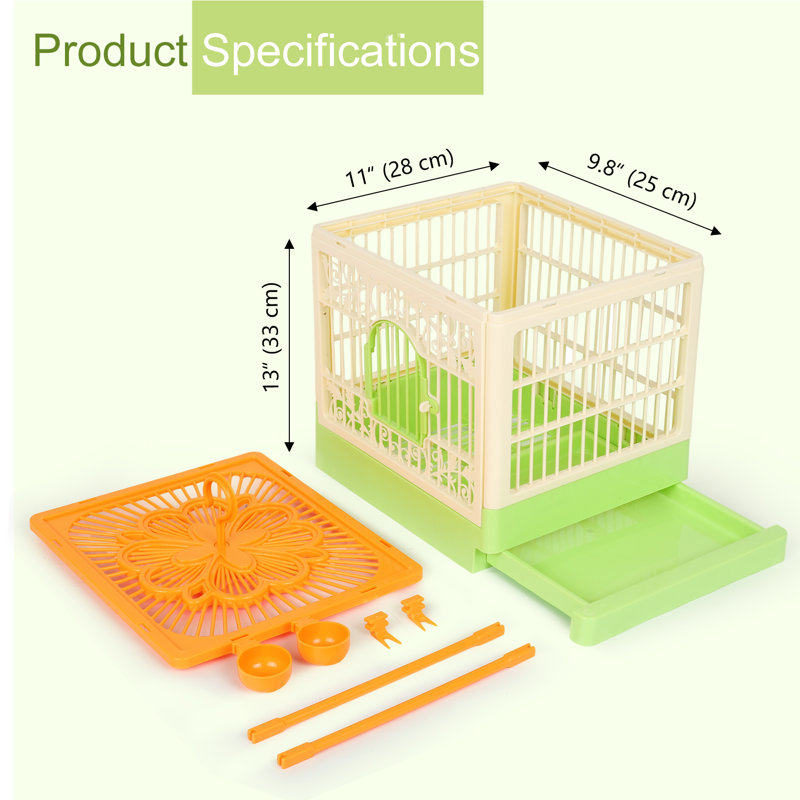 Cage à oiseaux en plastique pour petits oiseaux avec plateau inférieur coulissant et vue panoramique, 900 g, verte, Vert