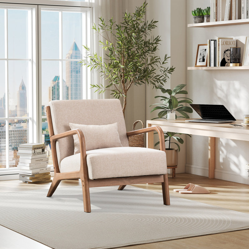 Bonnita 26" Wide Mid Century Upholstered Accent Chair with an Extra Pillow, Beige