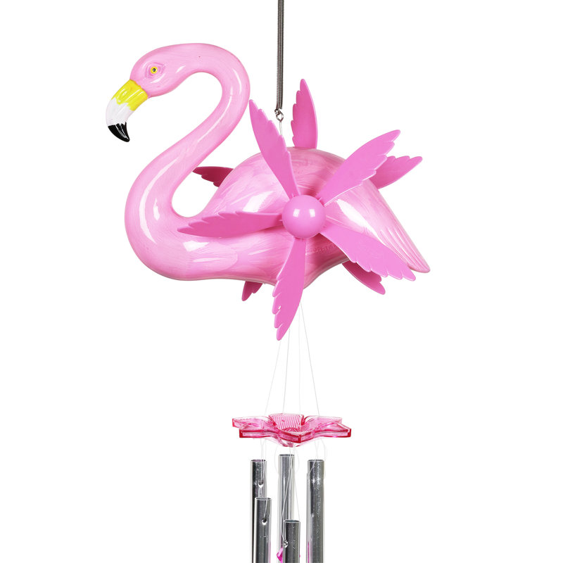 Large Pink Flamingo Wind Chime with Spinning Wings
