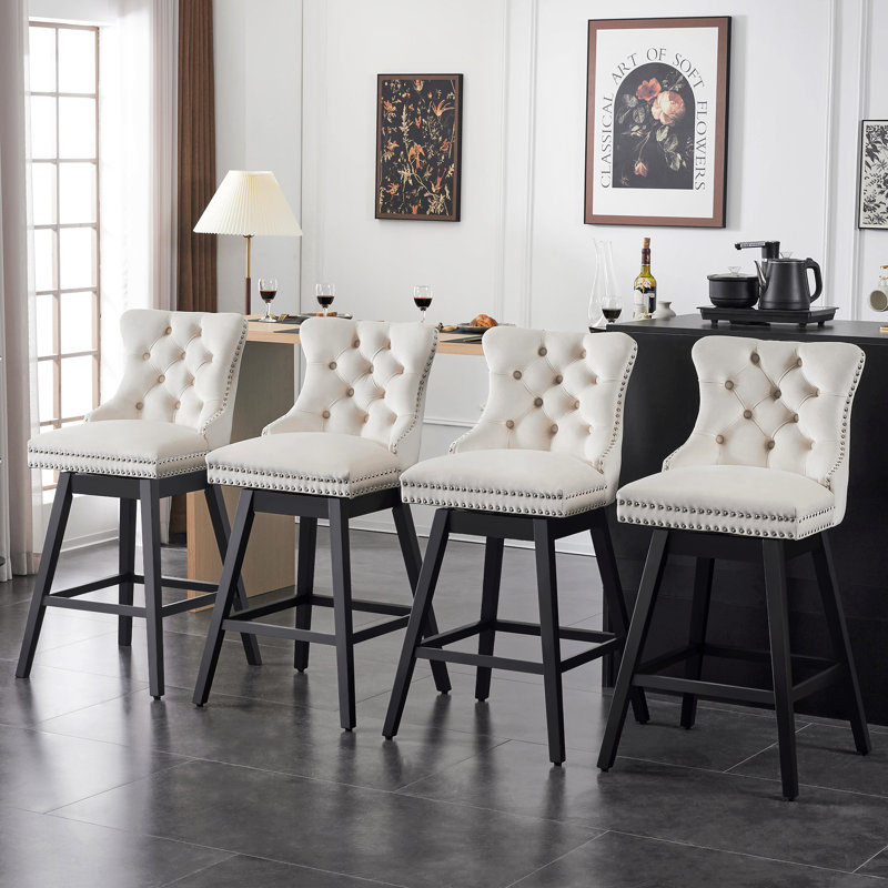Bar Height Swivel Bar Stools with Back, Upholstered Tall Bar Chairs, Solid Wood Frame with Nailhead Trim, Set of 4, Beige