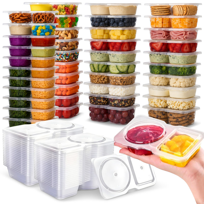 Contenants à collation réutilisables à 2 compartiments avec couvercles Snap-On, 4,5 oz, paquet de 20, Paquet de 40