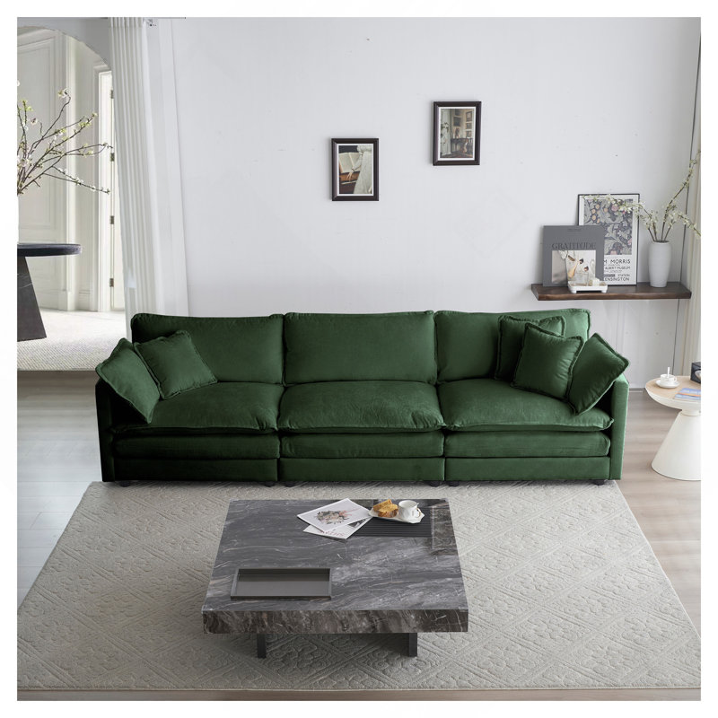 Canapé 3 places de style Mid-Century moderne avec 2 accoudoirs et 3 coussins décoratifs, canapé pour salon en chenille verte