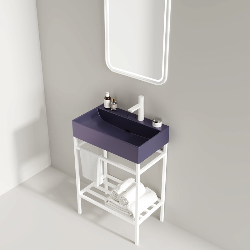 Meuble-lavabo de salle de bain avec lavabo en céramique 24 po - mauve et blanc, lavabo autoportant, scandinave moderne, lavabo rectangulaire en fer ferme, console, tablette robuste, assemblage difficile à assembler