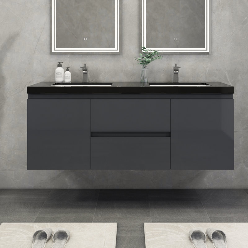Castin 60" Wall-Mounted Double Bathroom Vanity Set, Glossy Gray