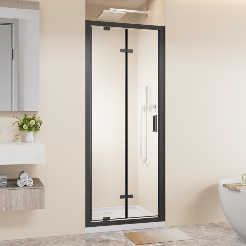 Porte de douche pivotante pliante 30 po x 72 po, cabine de douche pliante en verre trempé transparent de 1/4 po avec poignée en acier inoxydable, installation réversible