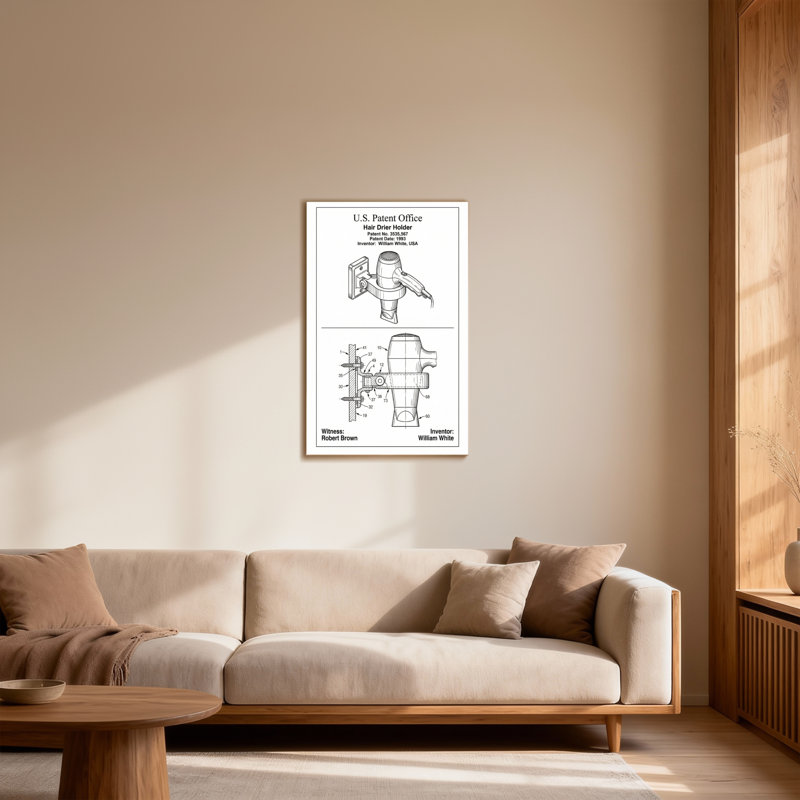 Bath & Laundry Hair Dryer Holder Patent Design Diagram, 12" H x 18" W