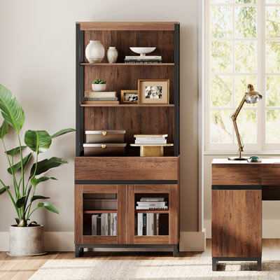 Modern 72" Tall Bookcase With Drawer And Open Book Shelfs, Library Book Shelf With Glass Doors Storage Cabinet, Wood Freestanding Bookshelf For Home Office, Living Room, Brown