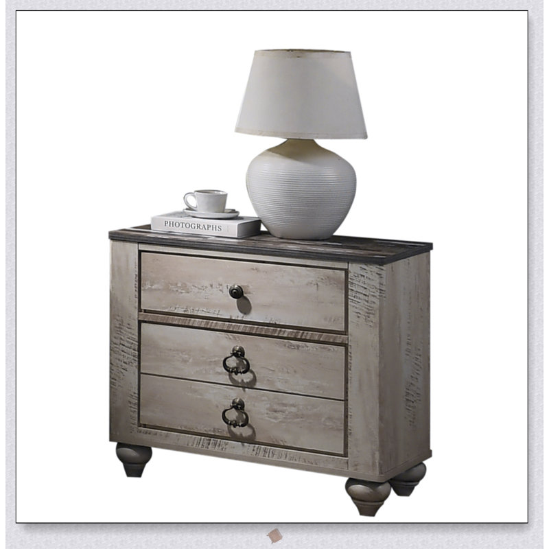Imerland Contemporary Patched Wood Top 3-Drawer Nightstand with Antique Brown Finish, Perfect for Urban Chic Bedrooms