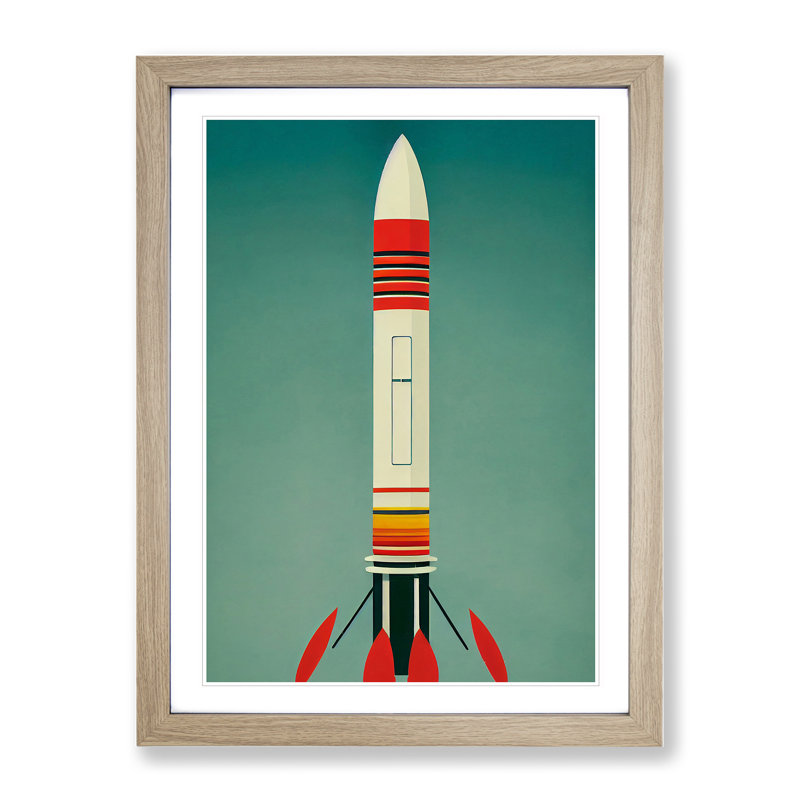Retro Spaceship Rocket No.1 - Framed Print, 64cm H x 46cm W x 2cm D, Oak Framed