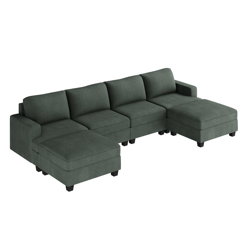 Canapé modulaire en U avec rangement Anureet, Velours côtelé vert, H 35 po x l 120,6 po x P 60,7 po