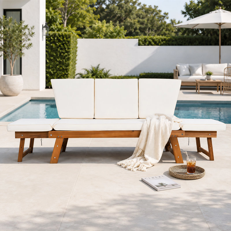 Lit de jour d'extérieur réglable en bois d'acacia avec coussins, canapé de patio extensible, Beige, Natural Wood