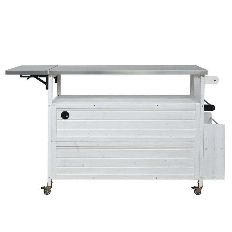 Îlot de cuisine portatif avec plateau rouille, structure en bois de sapin et tablette réglable, cuisine pliable blanche verrouillable, tablettes cachées, espace,