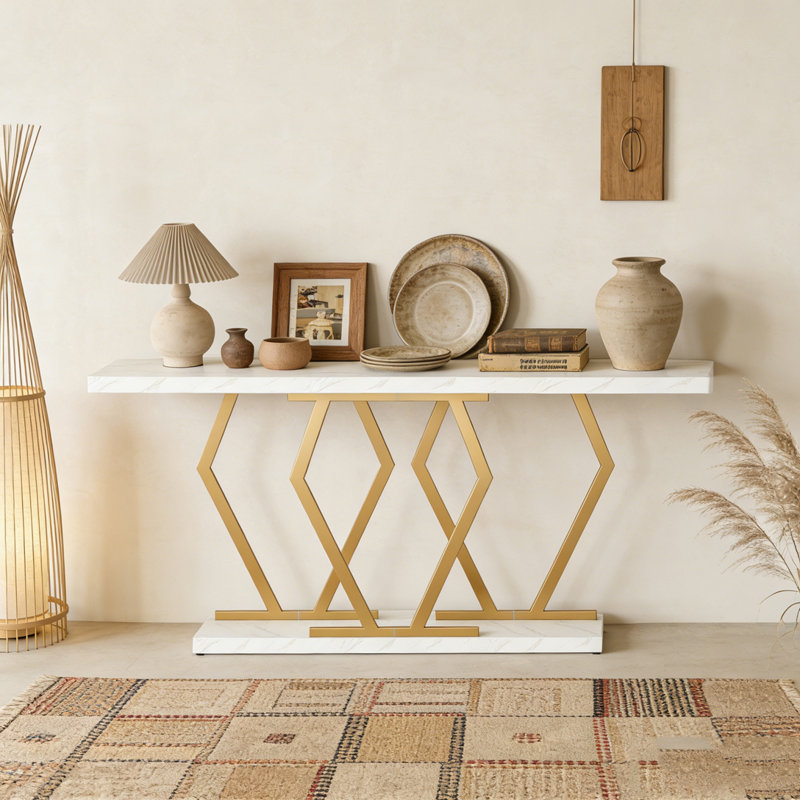 Table console moderne avec plateau en imitation marbre, Or blanc