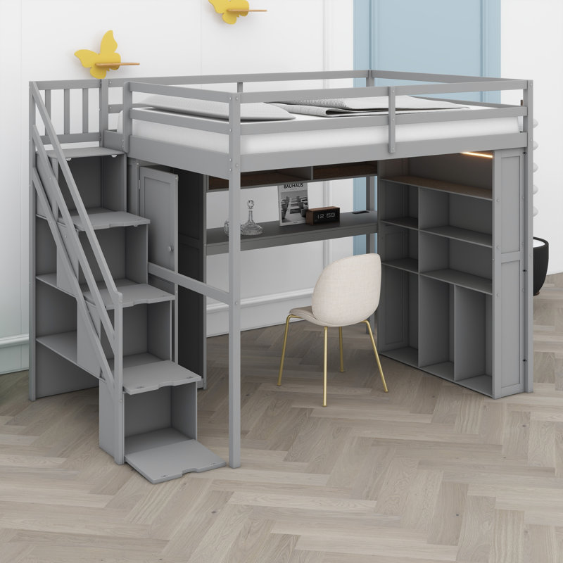 Lit mezzanine multifonctionnel avec garde-robe, poste de travail, rangement et système d'éclairage intégrés, Gris