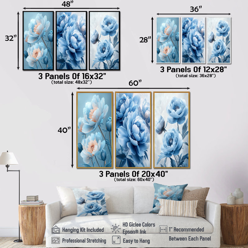 Blue Velvet Pe pivoines I - Collection d'art mural pivoines, Impression encadrée flottante, H 40 po x l 60 po, Blanc