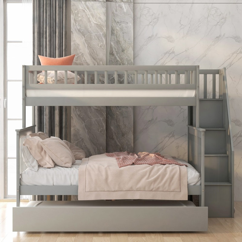 Lit superposé simple au-dessus d'un lit double avec lit gigogne et escalier - Aucun sommier nécessaire, fabrication en pin massif