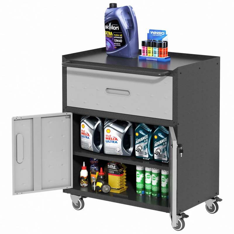 Armoire à outils en métal robuste et durable pour le garage avec roues - Armoire de rangement mobile robuste avec 1 tiroir et 2 portes verrouillables, armoire de rangement à outils roulante
