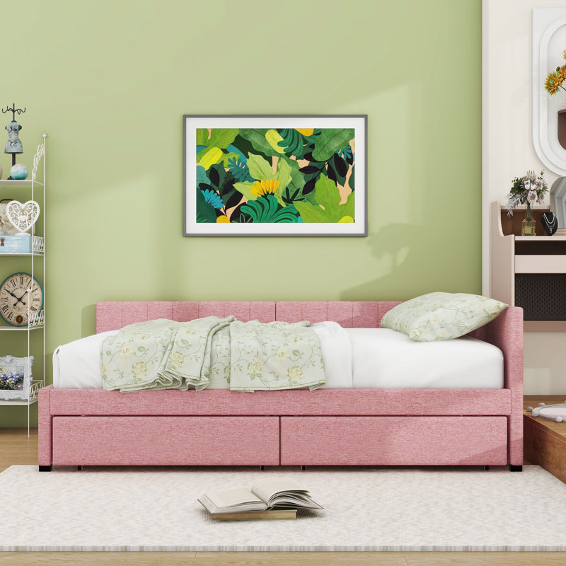Modern Full Size Upholstered Daybed with Storage Drawers, Pink