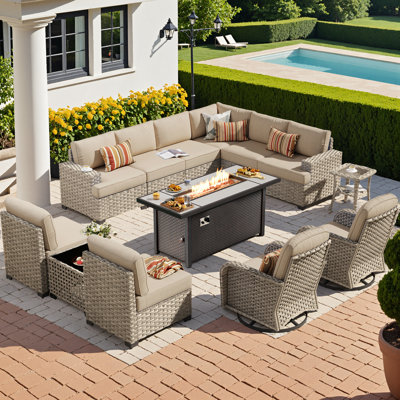 Ensemble de mobilier de patio pour 10 personnes avec chaises berçantes pivotantes, ensemble de conversation modulaire en rotin et osier avec coussins, ensemble de conversation pour canapé toutes saisons avec foyer pour table de jardin