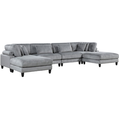 Canapé modulaire 6 pièces en velours côtelé gris - 2 chaises sans accoudoirs, sièges d'angle, repose-pieds et coussins enveloppants avec housse
