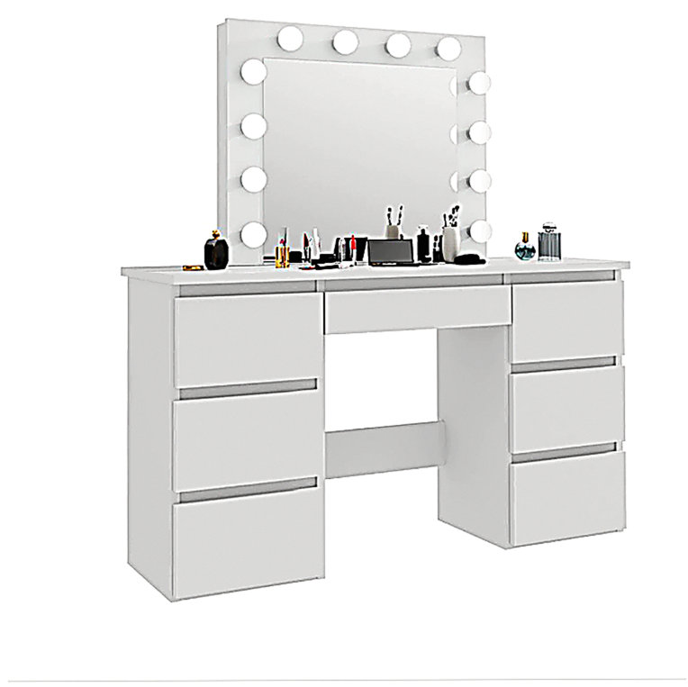 Grandes tables de coiffeuse blanches avec miroir et lumière