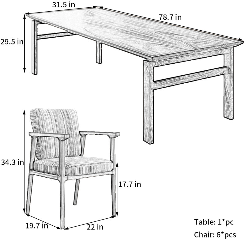 Rectangular Home    Walnut    Dining    Set, 29.5"H x 78.7"L x 31.5"W