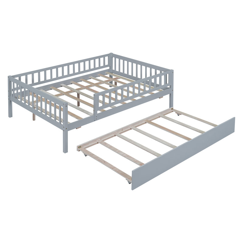 Lit de jour en bois avec couchette et barrière de sécurité, Lit double, Gris