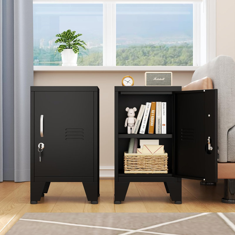 Black Metal Nightstand, Under Desk Cabinet with Adjustable Shelf, Storage Cabinet with Lock can be Used as Side Table, Stackable Small Storage Cabinet for Bedroom, Living Room, Office and Gym