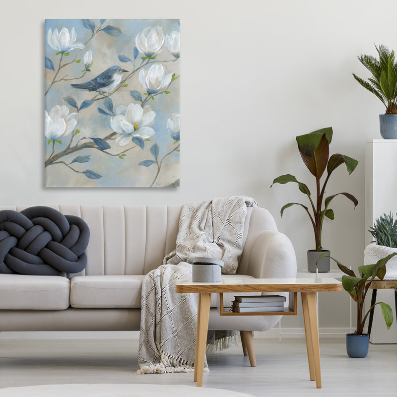 Oiseau bleu et toile magnolia, design par Nan, H 30 po x l 24 po