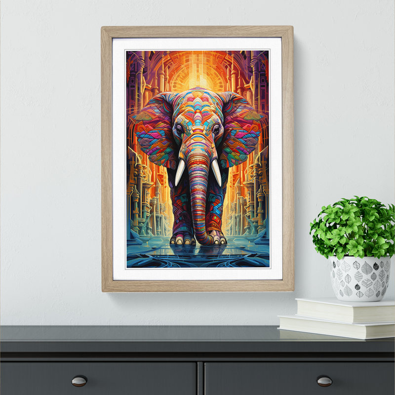 Elephant Futurism Art - Framed Print, Oak, 64cm H x 46cm W x 2cm D