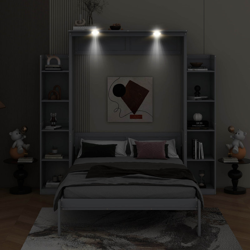 Lit escamotable double avec tablettes et DEL, Gris