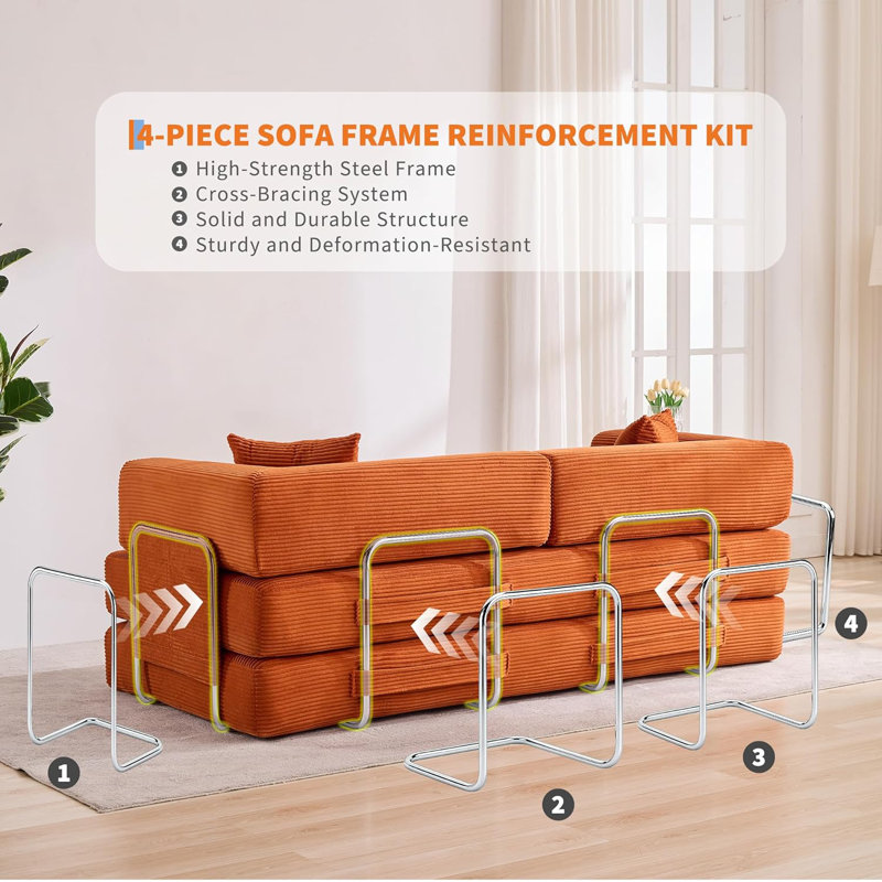 Canapé-lit convertible, canapé-lit de plancher de 78,8 po, causeuse pliante 5-en-1 avec cadre de forme fixe, Orange