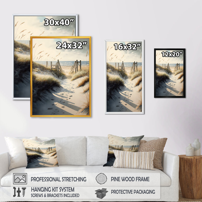 Walkway to the Beach V - Impression sur toile, H 32 po x l 16 po x P 1 po, Cadre flottant doré