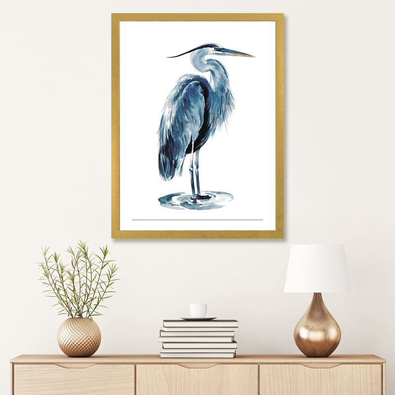 «Blue Heron I» par Jennifer Paxton Parker - impression d'art graphique, H 32 po x l 24 po x P 1 po, Papier encadré doré