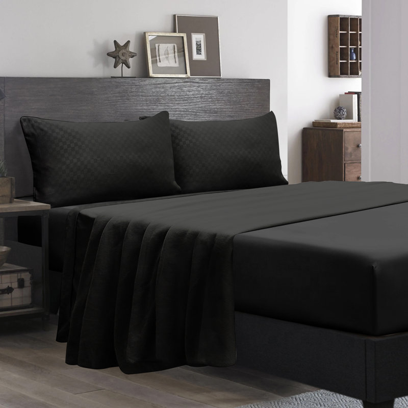 Polyester Solid Colour Sheet Set, King Sheet Set + Fitted Sheet + 2 Pillowcases, Black