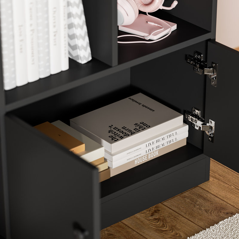 Cube Bookshelf, Modern Bookcase With 7 Cubbies And 2 Cabinets, Freestanding Book Storage Shelves For Bedroom, Playroom, Hallway