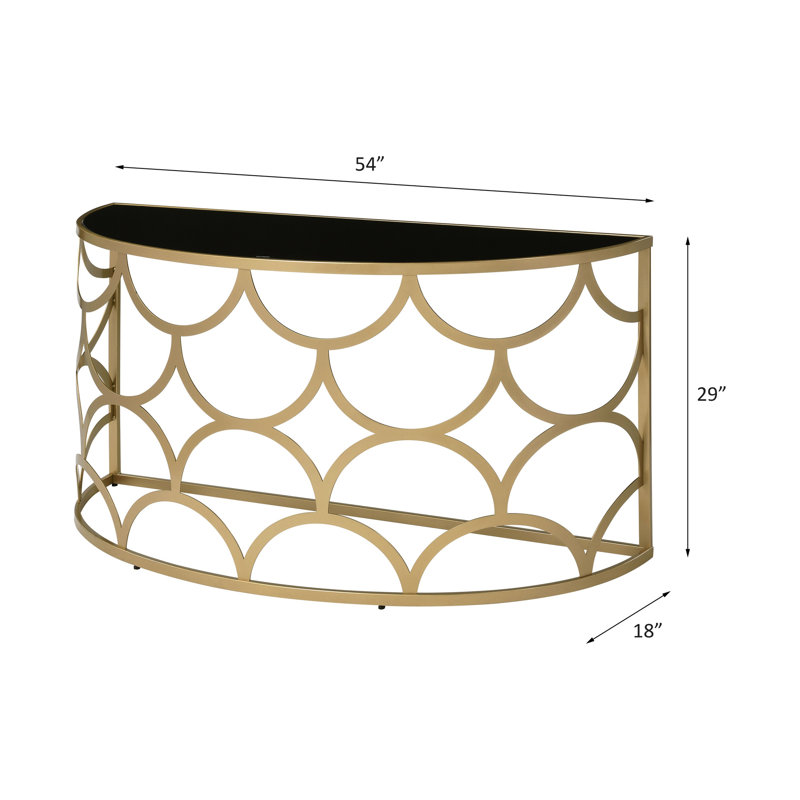 Console dorée avec plateau en verre trempé demi-lune de 8 mm et base en métal, capacité de poids de 70 lb, l 54 po x H 29 po, bureau sans rangement, plateau, limite, tablette