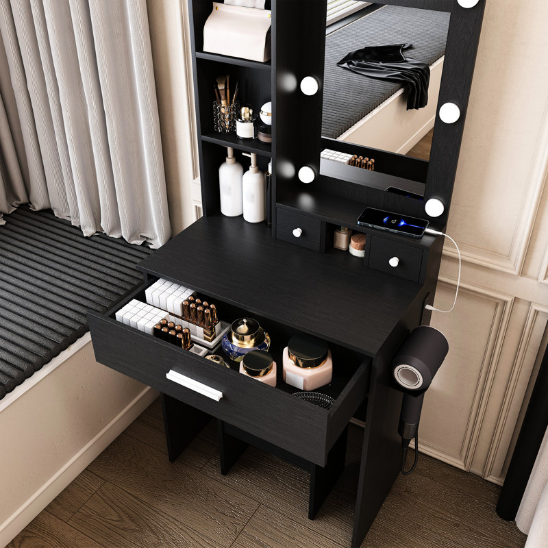 Table de coiffeuse avec miroir, lumières à DEL réglables, prise de courant, porte-séchoir à cheveux et tabouret en noir - Design américain pour la chambre à coucher, petits espaces idéaux, + remplisseur de verre Classic Modern Fusion Compact