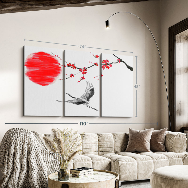 «Japanese Crane», 3 pièces sur toile, H 48 po x l 74 po x P 1,25 po