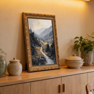 Mountain Valley Path Landscape Oil Painting PrintOrnate Vintage Wall Frame – Decorative Gold Frame for Art.
