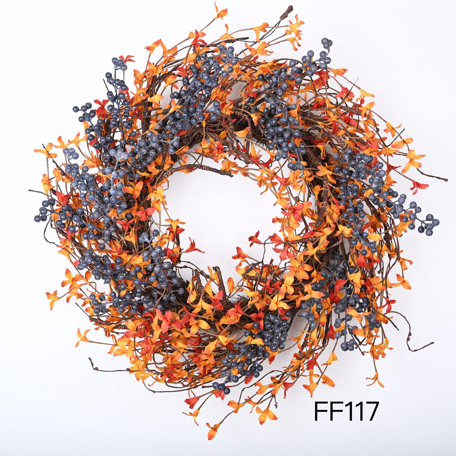 24" Handcrafted Twig, Berry No Holiday Wreath, Orange/Dark Blue