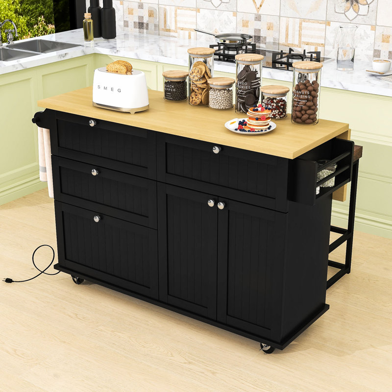 Farmhouse Rolling Kitchen Island with Drop Leaf, Storage Cabinet, Drawers, Power Outlet and 2 Stools, Black