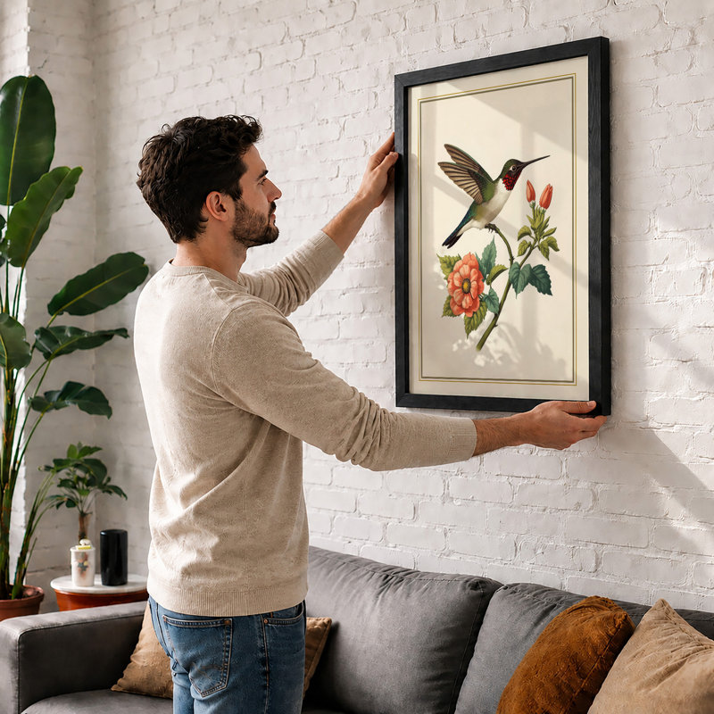 Hummingbird and Bloom Botanical - Framed Print, A1 - 84.1 x 59.4 cm, Oak