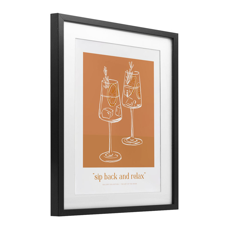 «Sit Back & Relax», reproduction encadrée orange sous verre, design par lettré et doublé, H 21 po x l 17 po