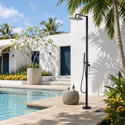 Système de douche autoportant chaud et froid avec pomme de douche à pluie et douchette à main, installation de douche en acier inoxydable, noir mat