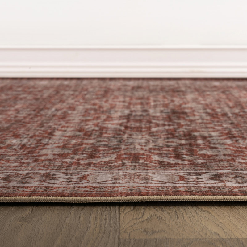 Tapis rouge antidérapant traditionnel en terre cuite lavable à la machine, Rouge, 3 pi x 5 pi